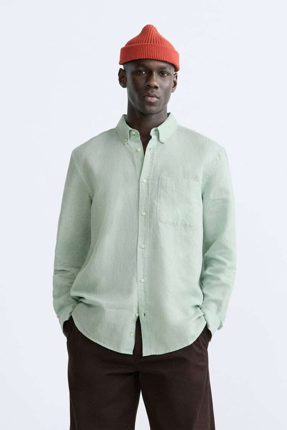 ZARA РУБАШКА ИЗ СМЕСОВОГО ЛЬНА, ЗЕЛЕНЫЙ