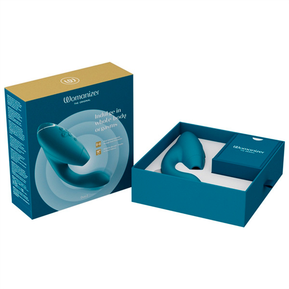 Бирюзовый вибратор 20,3см с вакуумным стимулятором Womanizer Duo 2 Petrol WZ142SG8