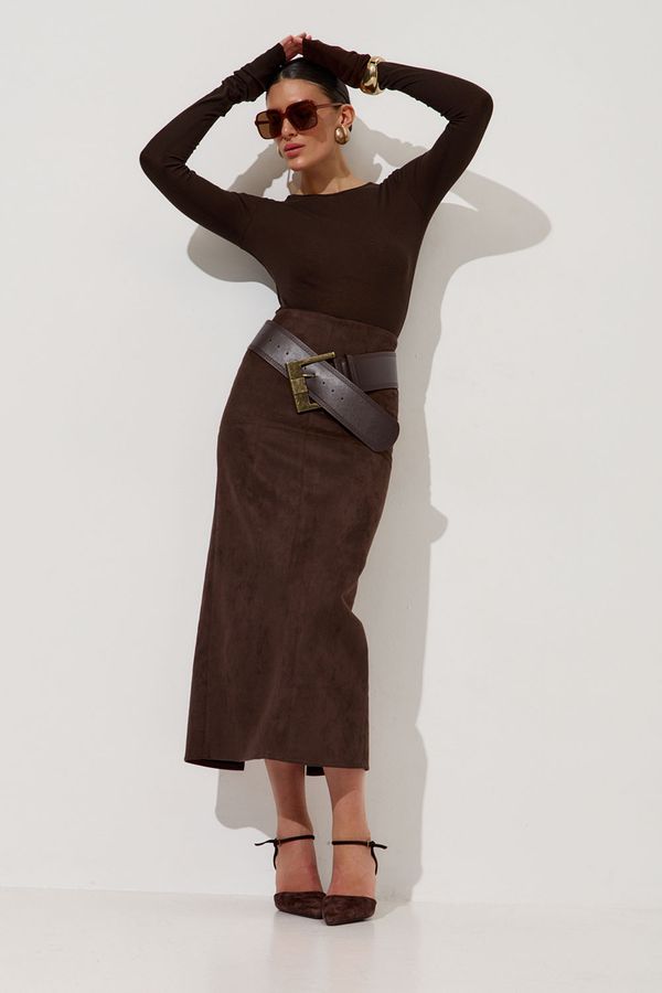Юбка карандаш из экозамши цвета шоколад