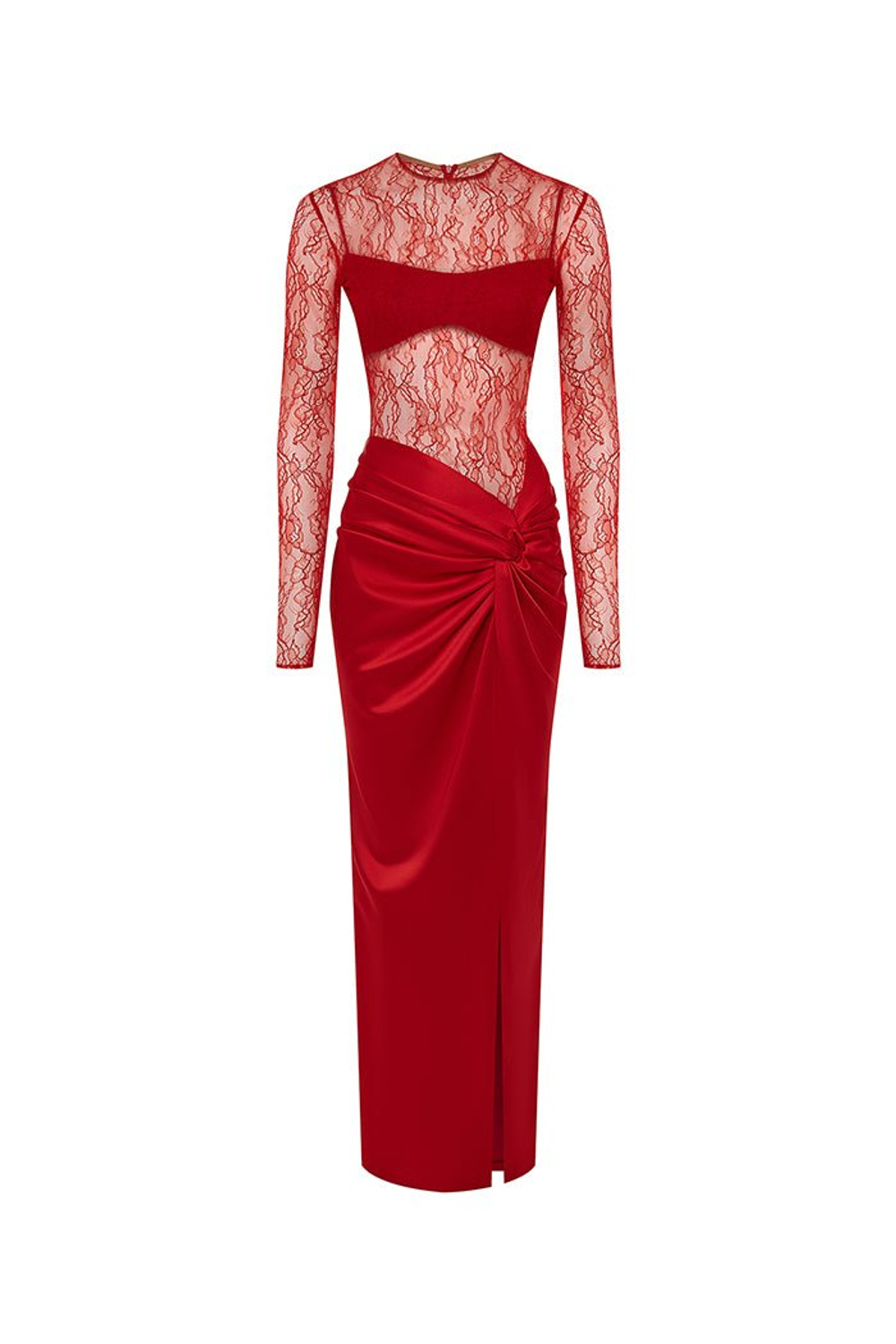 Платье макси драпированное из атласа и кружева с закрытым лифом