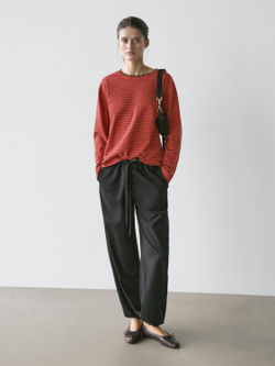 Massimo Dutti Футболка из хлопка в полоску с длинными рукавами, красный