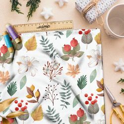 Ткань футер 2-х нитка крупные листья, брусника и цветы