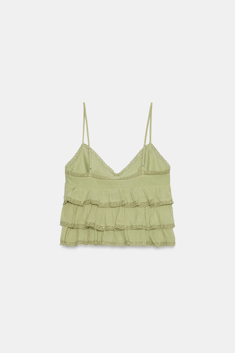 ZARA ТОП С ВЫШИВКОЙ И ВОЛАНАМИ, СВЕТЛО-ЗЕЛЕНЫЙ