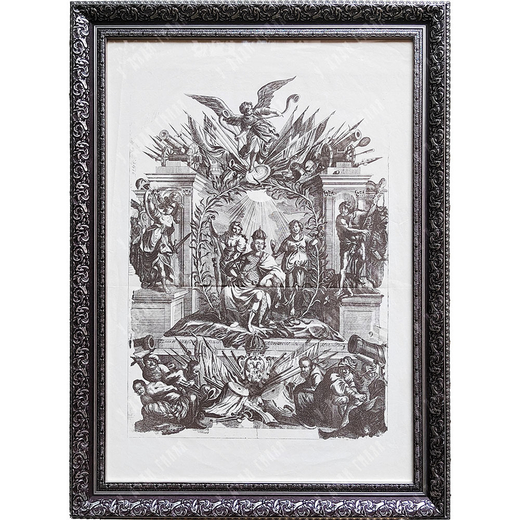 Н/х. «Петр I сидит на троне в короне и в латах». Гравюра, резец. 1884.