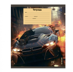 Тетрадь 12л., клетка, Alingar, скрепка, блок офсет, 100% белизна, мелованный картон (стандарт), "Super cars", 5 дизайнов в пленке т/у