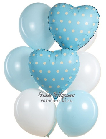 Букет шаров "Голубые сердечки в горошек"