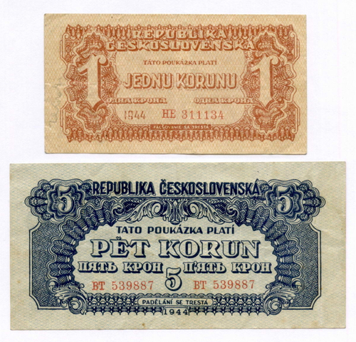 Банкноты Чехословакия 1 и 5 крон 1944 год (выпуск СССР). VF