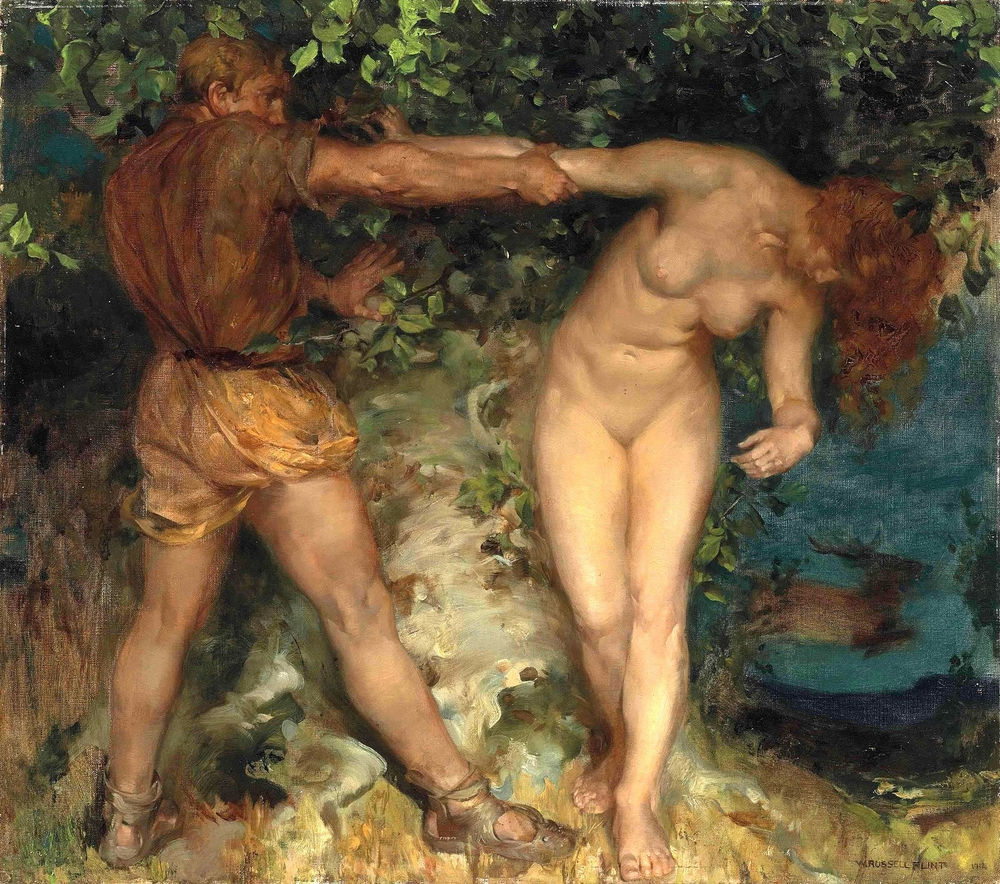 Сэр Уильям Рассел  Флинт. 1912. Гамадриада и дровосек (Hamadryad and the woodsman). 61.5 х 69.3. Частное собрание