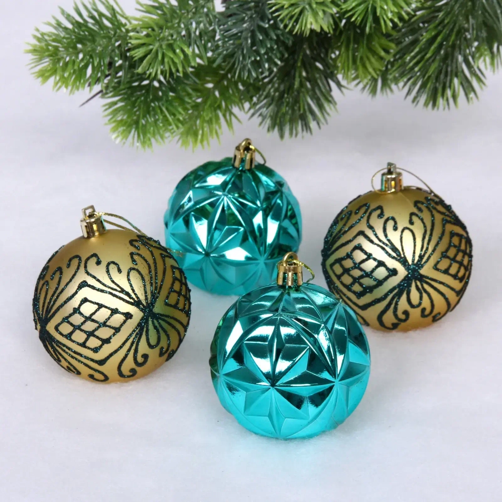 Новогодние шары 7 см (набор 4 шт) «Симфония леса», лазурно-голубой/золото