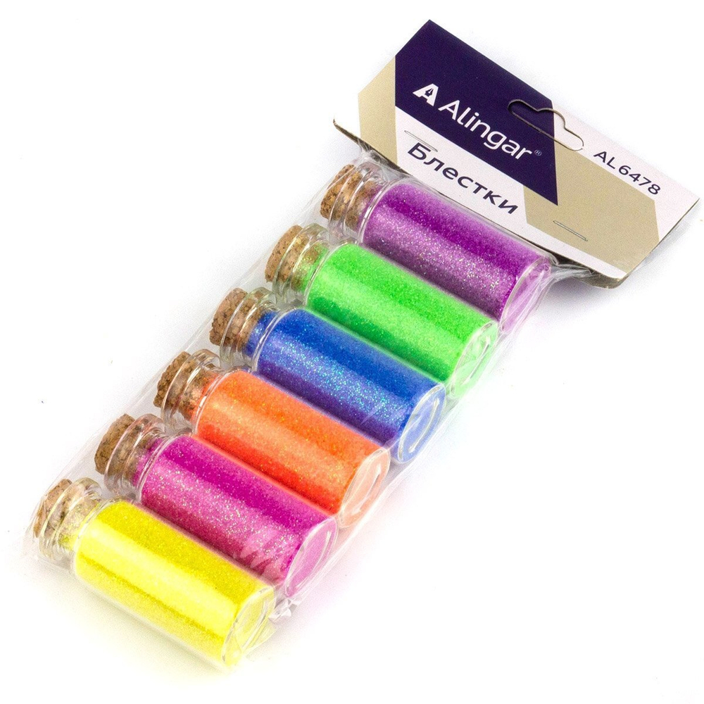 Блёстки для декора Alingar, 90 гр, 6 цветов, "Ассорти НЕОН" (жел,роз,оранж,син,зел,фиол), стеклянные баночк, европодвес