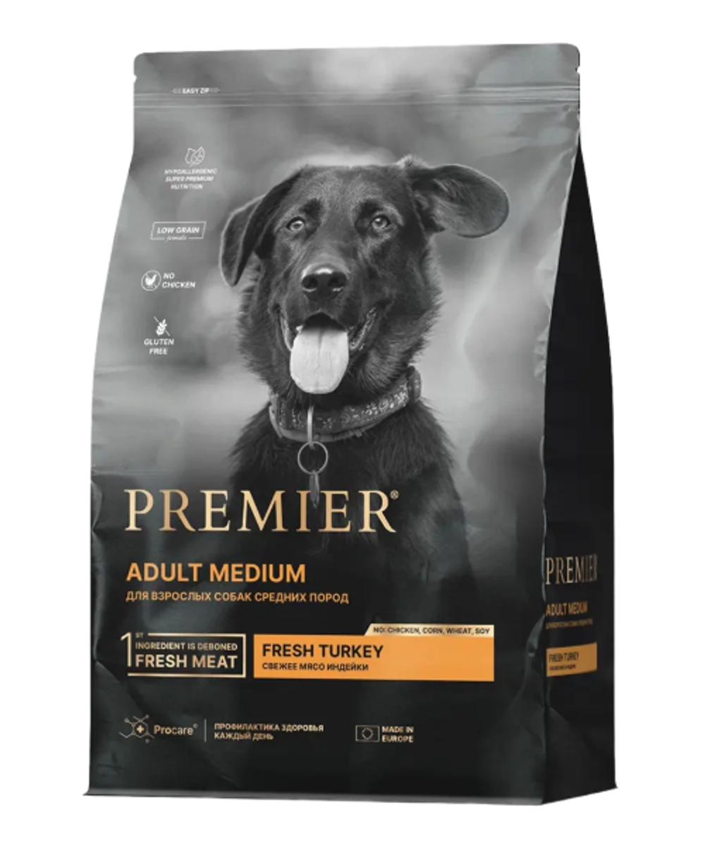 Сухой корм для взрослых собак Premier Dog Adult Medium средних пород с чувствительным пищеварением индейка 10кг