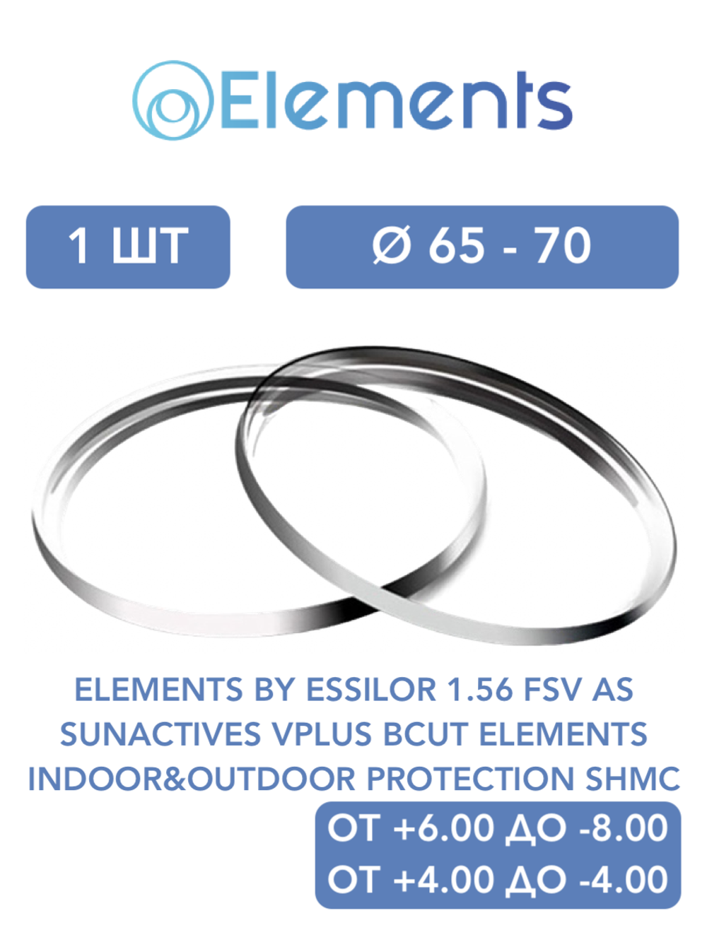 Фотохромная линза для очков Elements by Essilor 1.56 FSV AS SunActives vPLUS BCut Elements Indoor&Outdoor Protection SHMC