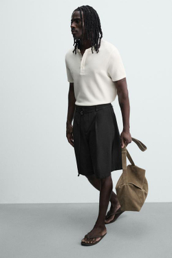 ZARA ШОРТЫ RELAXED FIT СО СКЛАДКАМИ И РЕМНЕМ, ЧЕРНЫЙ