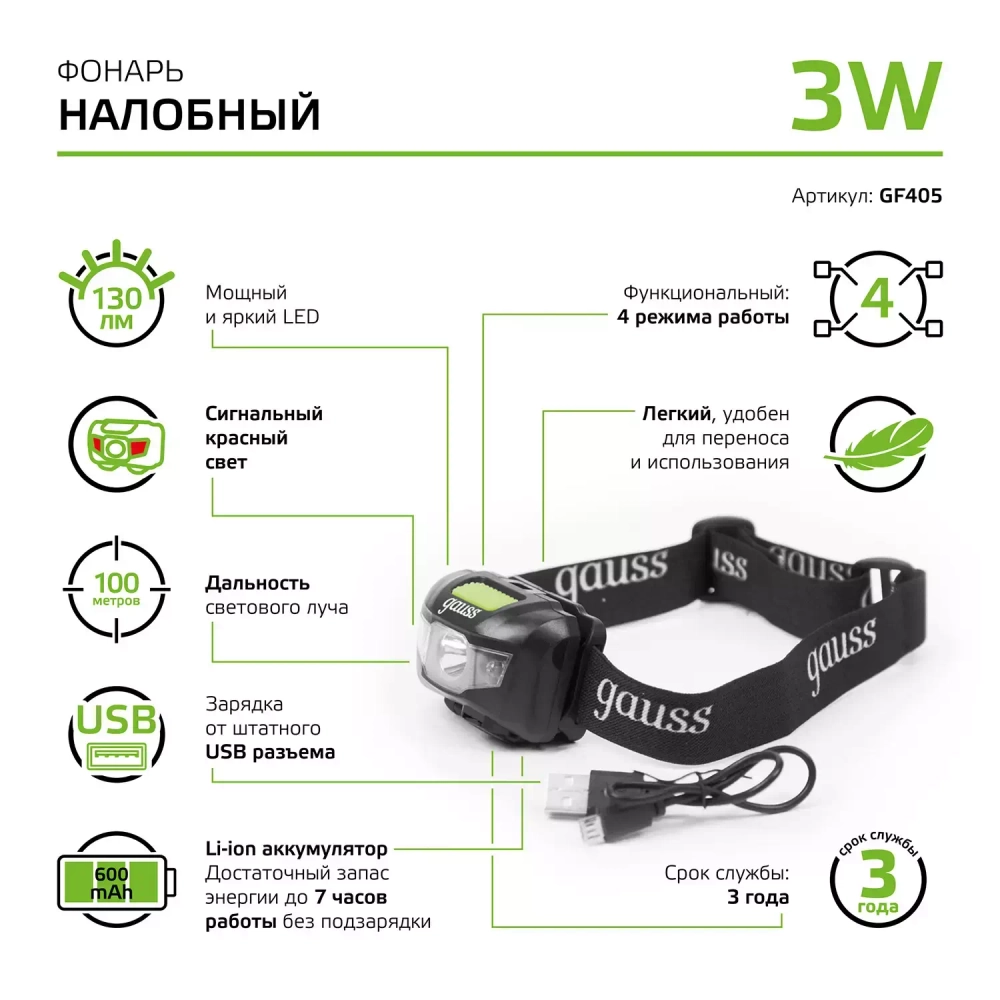 Фонарь Gauss LED налобный модель GFL405 3W 130lm Li-on 600mAh