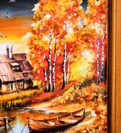 AMB-74/59 Картина «Избушка у озера» (с янтарной крошкой) дер.краш.рамка 12х15