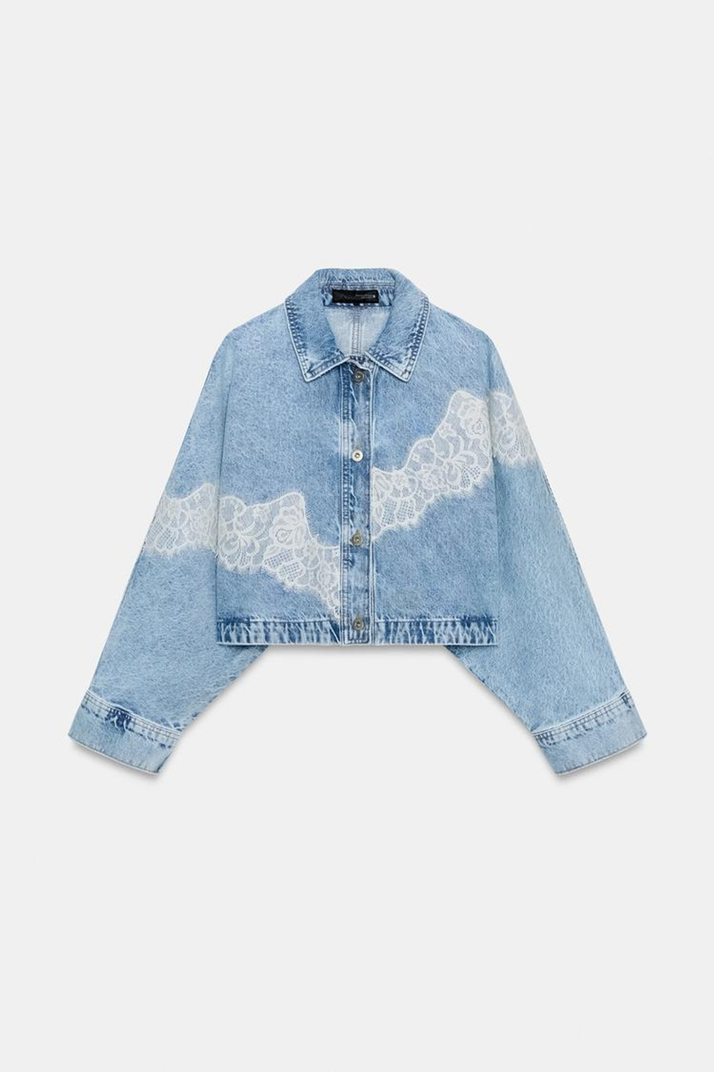 ZARA УКОРОЧЕННАЯ ДЖИНСОВАЯ КУРТКА Z1975 С КРУЖЕВОМ, ВЫЦВЕТШИЙ СИНИЙ