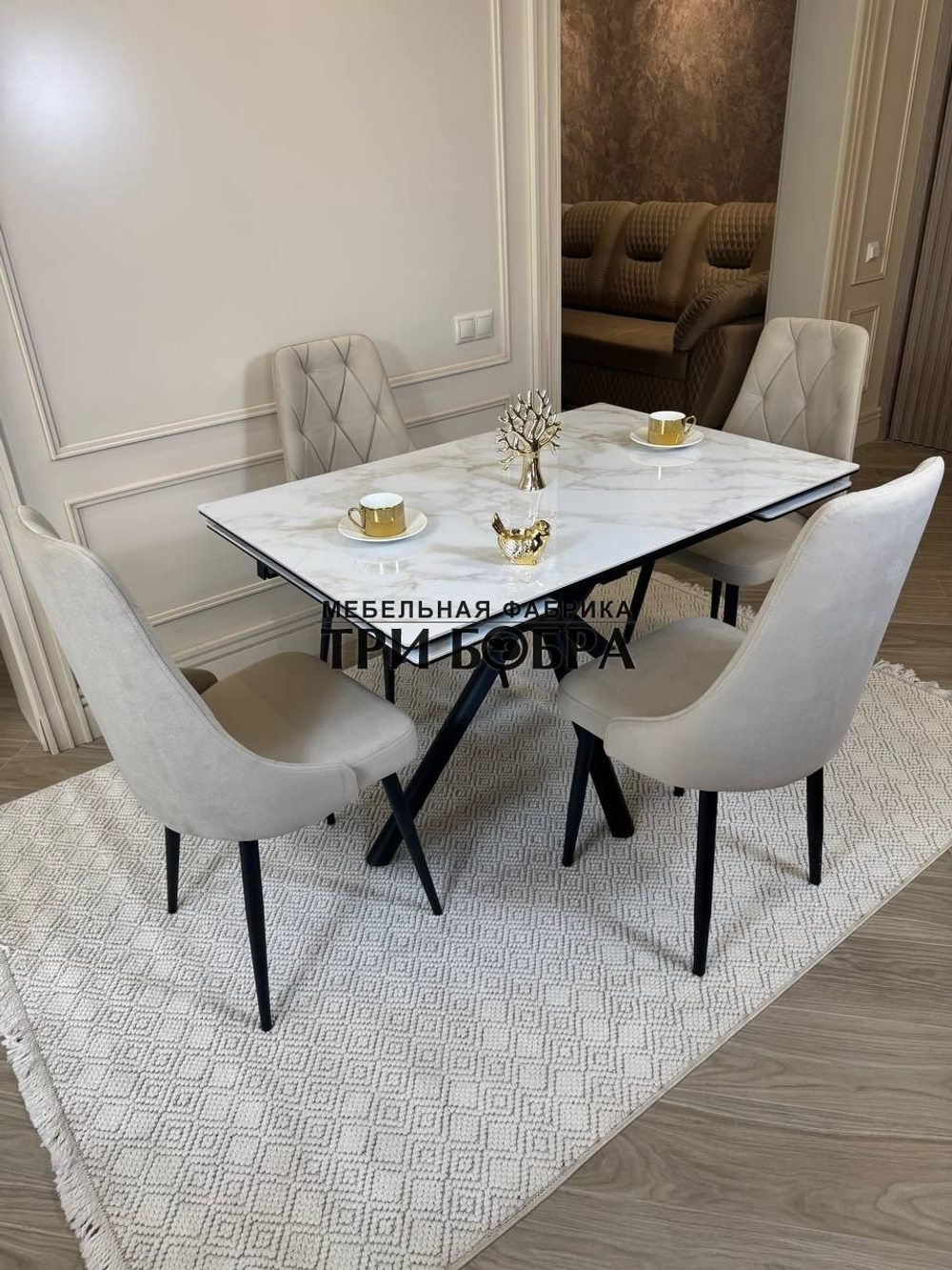 Кухонный раскладной стол "Монако" из керамогранита, белый мрамор и 4 стула ЛОНДОН