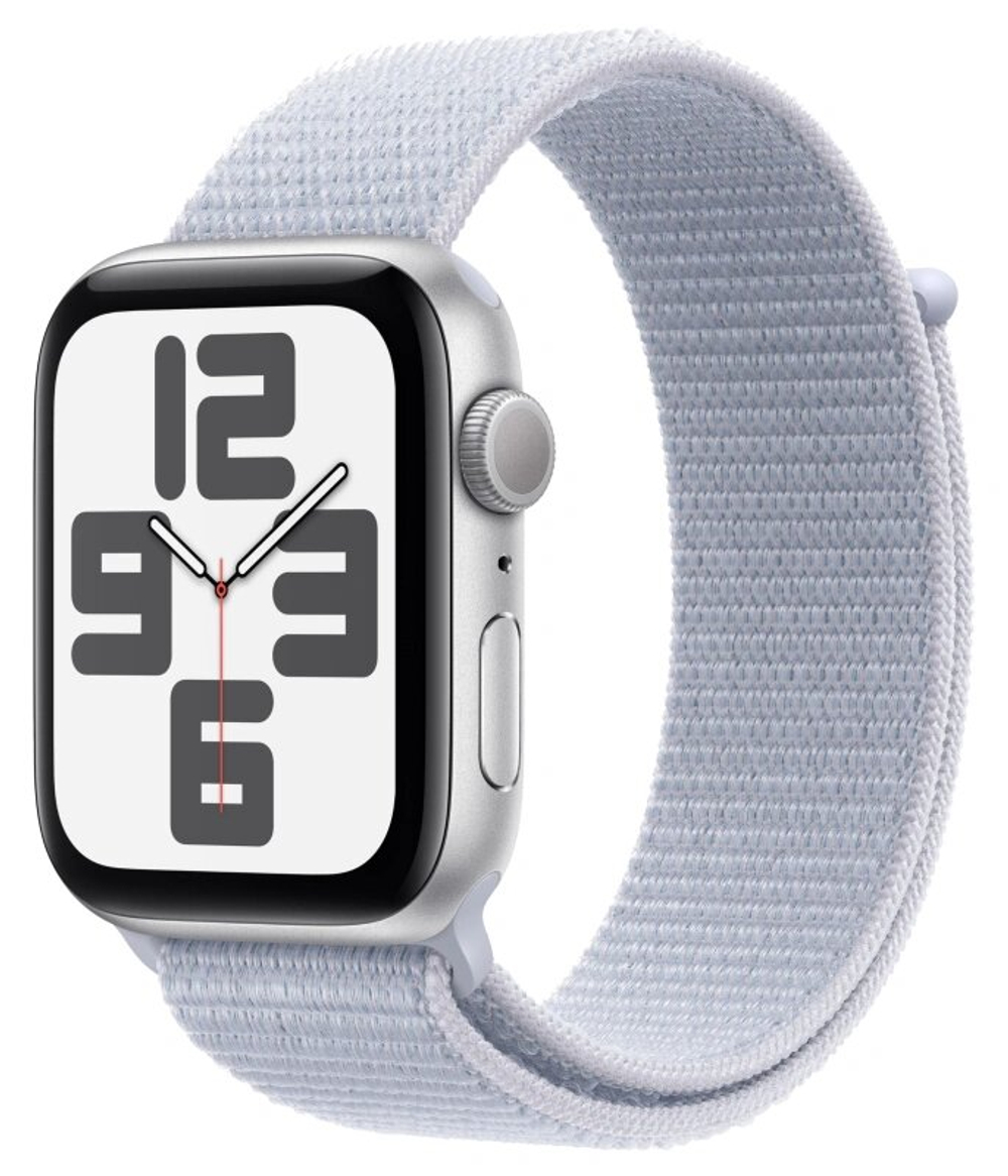 Умные часы Apple Watch SE 2024, 44 мм, 44 мм, корпус из алюминия серебристого цвета, спортивный браслет дымчато-голубого цвета (MXET3)