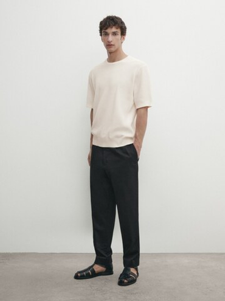 Massimo Dutti Хлопковая футболка, натуральный, кремовый
