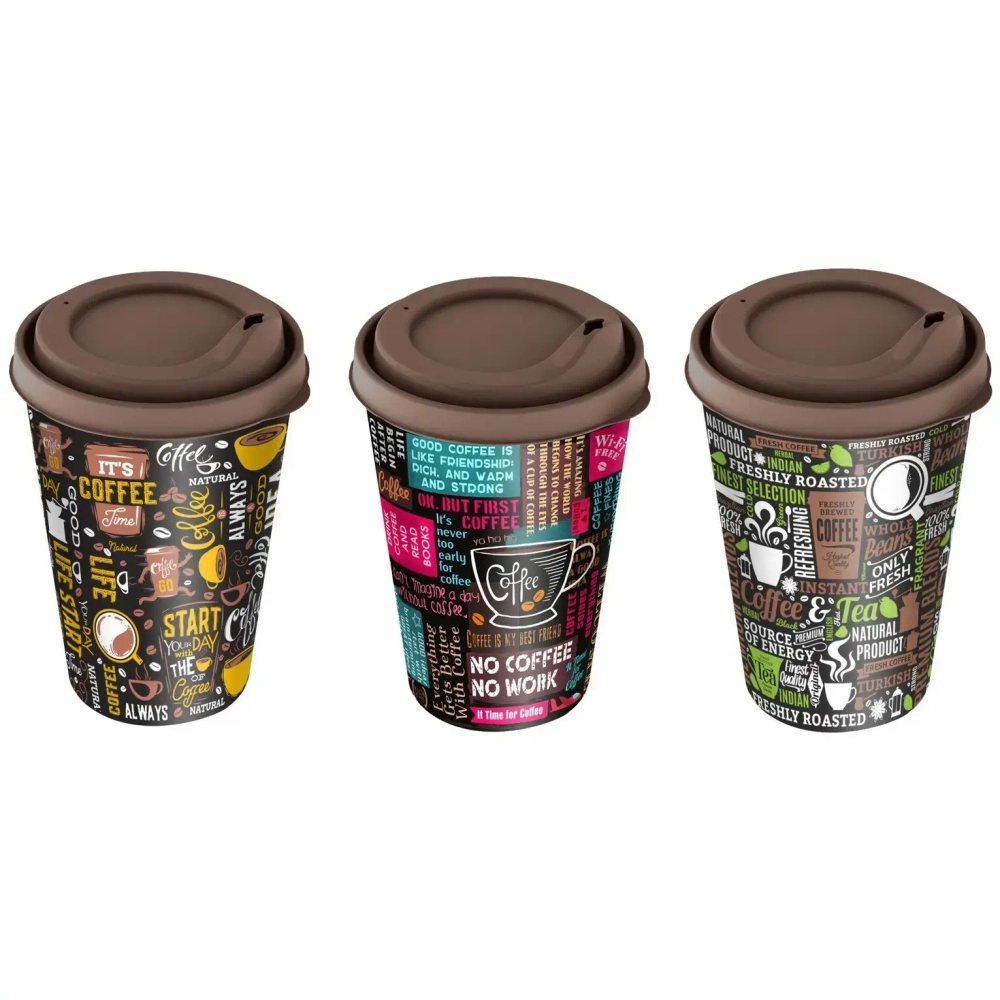 Стакан с крышкой 420мл «IZI-GO» с декором (темно-коричневый)