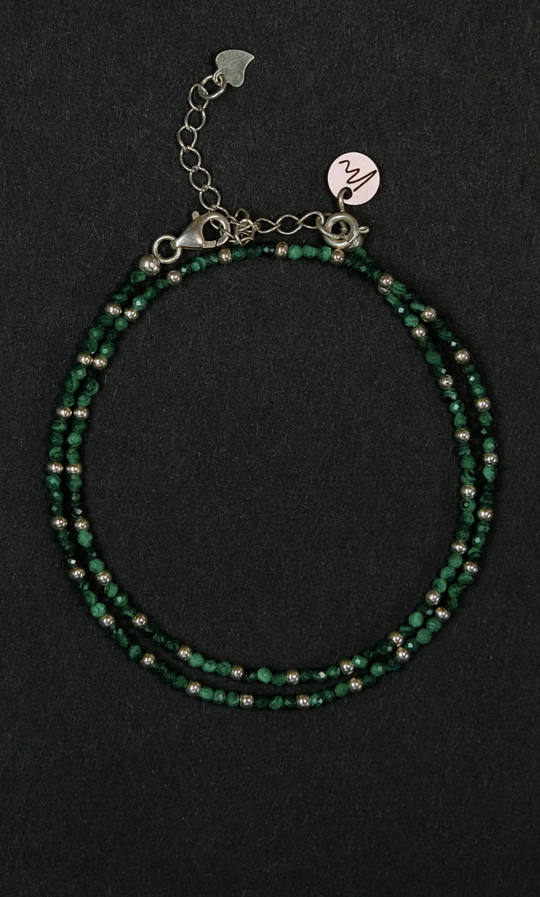 Чокер "Memo about Health" из малахита с серебряными бусинами с удлинителем 33-38 см