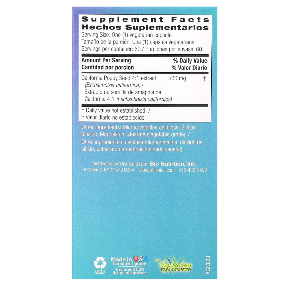 Bio Nutrition, Семена мака калифорнийского, 500 мг, 60 вегетарианских капсул