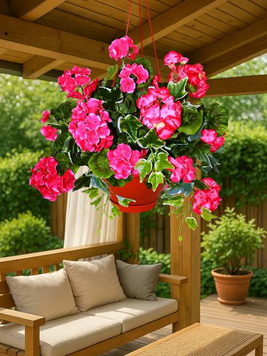 Искусственные цветы Герань густая малиновая 65см в подвесном кашпо
