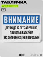 Табличка для бассейна "Детям до 12 лет запрещено плавать без сопровождения взрослых", на пляж, для общественной и частной зоны отдыха, информационная, 40х30 см, Silver Plane x Айдентика Технолоджи