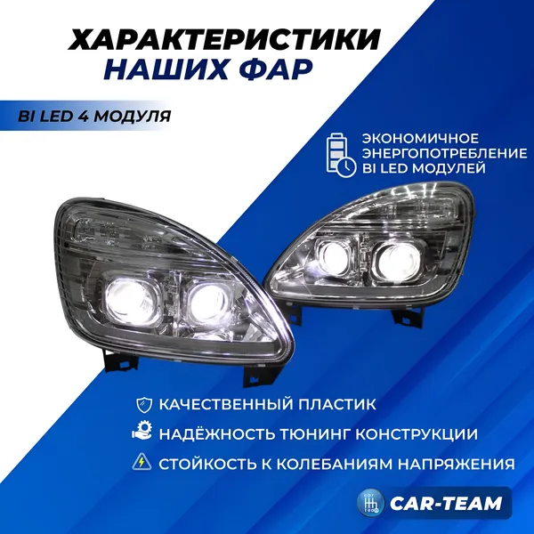 Фары Газель Бизнес в стиле Газели NN передние с 4-мя Bi LED модулями с ДХО и плавающими поворотниками, хром маска (Китай)