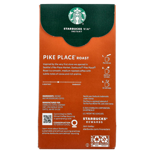 Starbucks, VIA®, растворимый кофе Pike Place®, обжарка, средняя обжарка, 8 пакетиков по 3,3 г (0,11 унции)