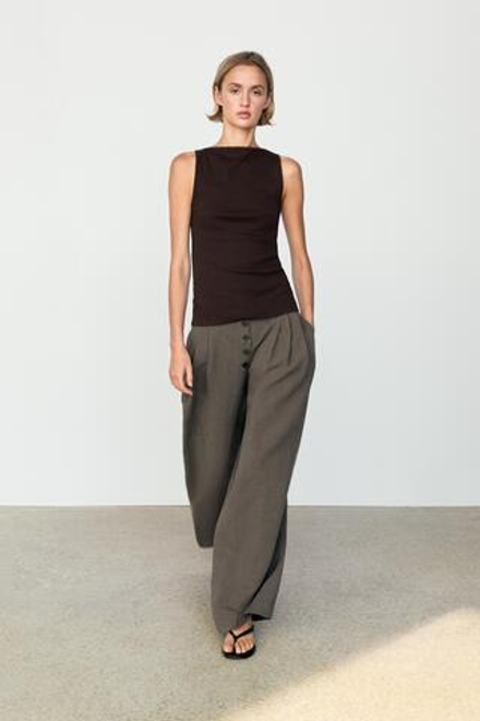 Massimo Dutti Брюки из смесового льна с защипами, кротово-коричневый