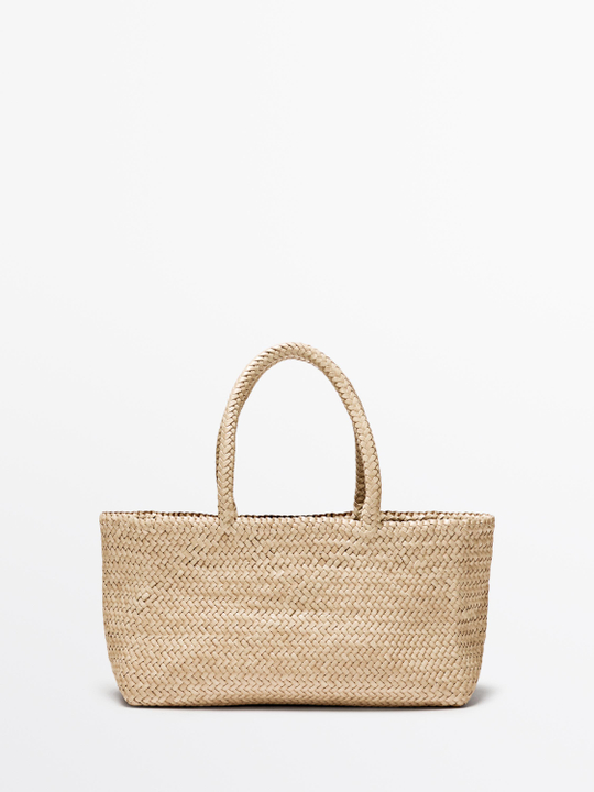 Massimo Dutti Плетеная сумка-тоут среднего размера, кремовый