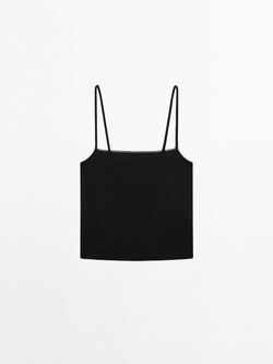 Massimo Dutti Трикотажный топ на бретелях с кружевом, черный