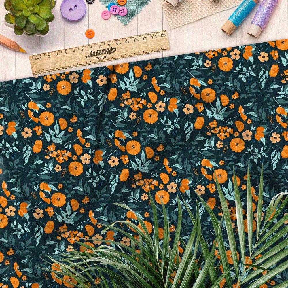 Ткань оксфорд 210 выцвевшие оранжевые цветы и зелень