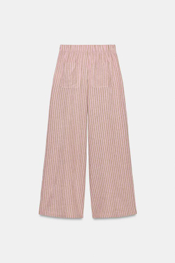 ZARA БРЮКИ В ПОЛОСКУ ИЗ СМЕСОВОГО ЛЬНА СО ШНУРКОМ, РОЗОВЫЙ