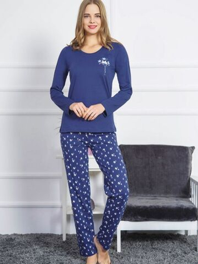 Уютная женская пижама с прямыми брюками (Размер: L) (Цвет: темно-синий)