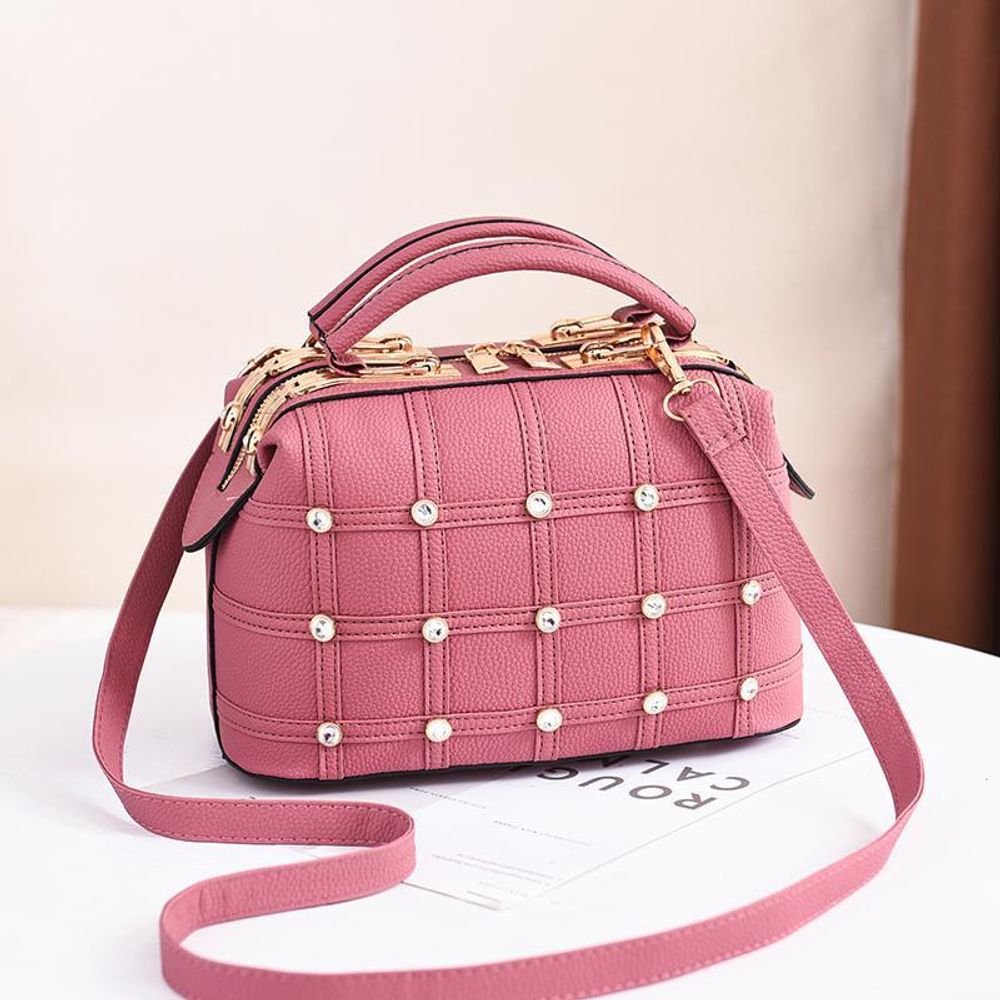 Стильная женская маленькая розовая сумочка-саквояж 24х16х13 см с плечевым ремнём 9101-5