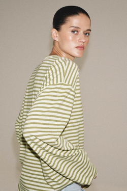 ZARA ФУТБОЛКА В ПОЛОСКУ ИЗ ХЛОПКА И ЛЬНА, БЕЖЕВЫЙ/НЕЖНО-КОРИЧНЕВЫЙ