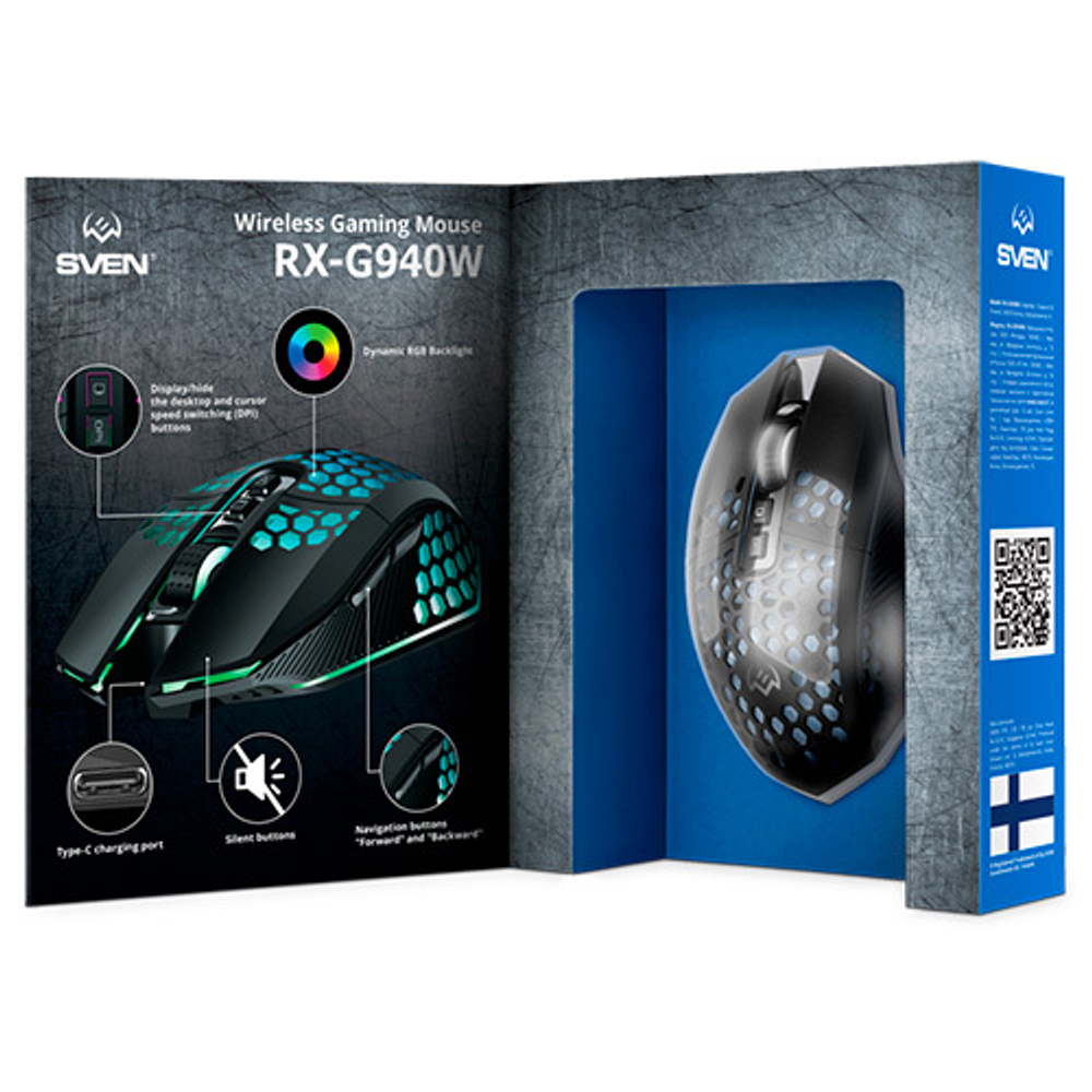 SVEN Беспроводная игровая мышь RX-G940W (бесшумн. кл., 6+1кл. 800-3600 DPI, RGB-подсв., игров. упак)