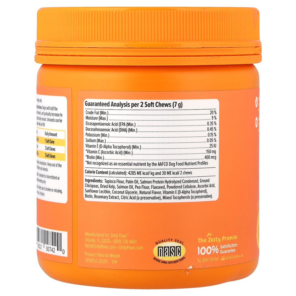 Zesty Paws, Skin & шерсти Bites + жир лосося, для собак всех возрастов, лосося, 90 мягких жевательных таблеток, 315 г (11,1 унции)