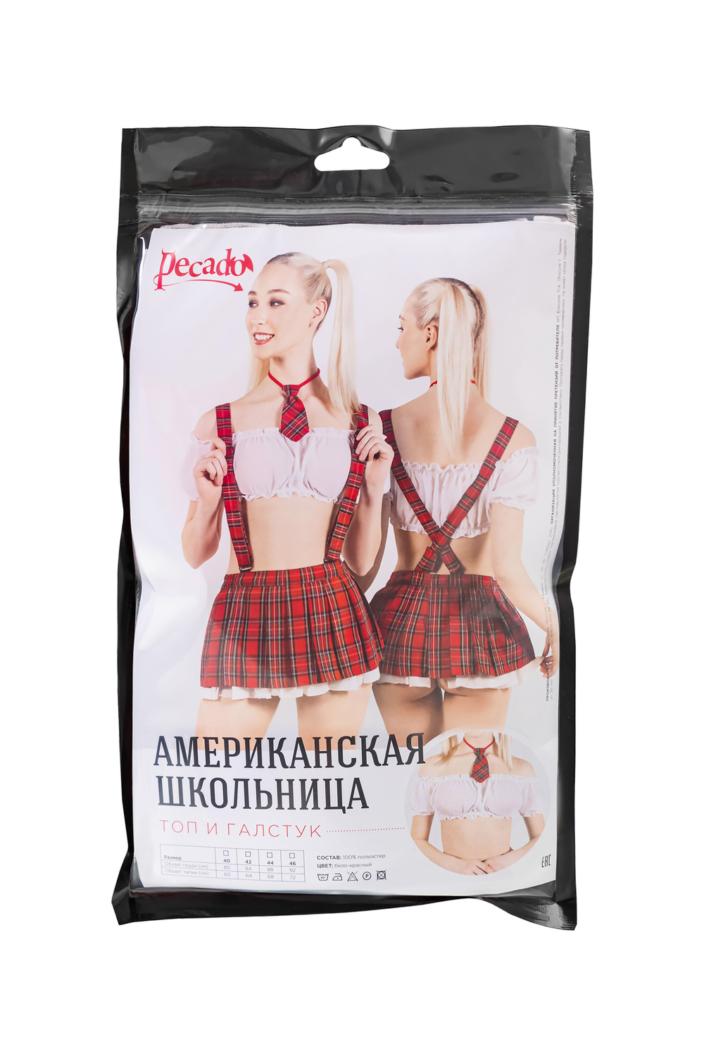 Верхняя часть костюма «Американская школьница», Pecado BDSM, топ, галстук, бело-красный, 42