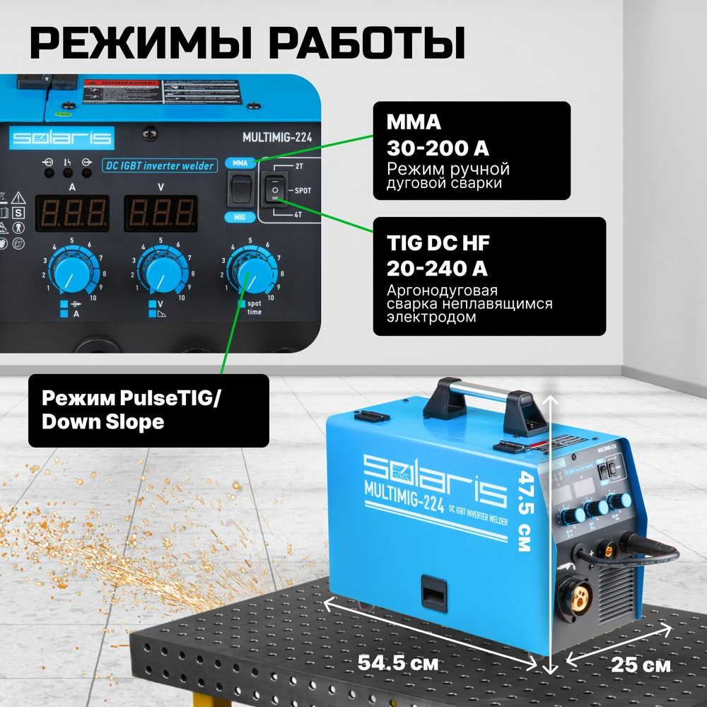 Полуавтомат сварочный Solaris MULTIMIG-224, 220В, MIG/FLUX/MMA, евроразъем, горелка 3 м, смена полярности, 2T/4T/Spot