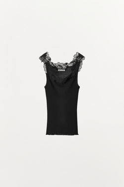 ZARA ТОП В РУБЧИК С КРУЖЕВОМ, ЧЕРНЫЙ