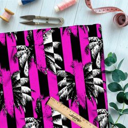 Ткань ниагара пальмы в чёрно-розовую полоску