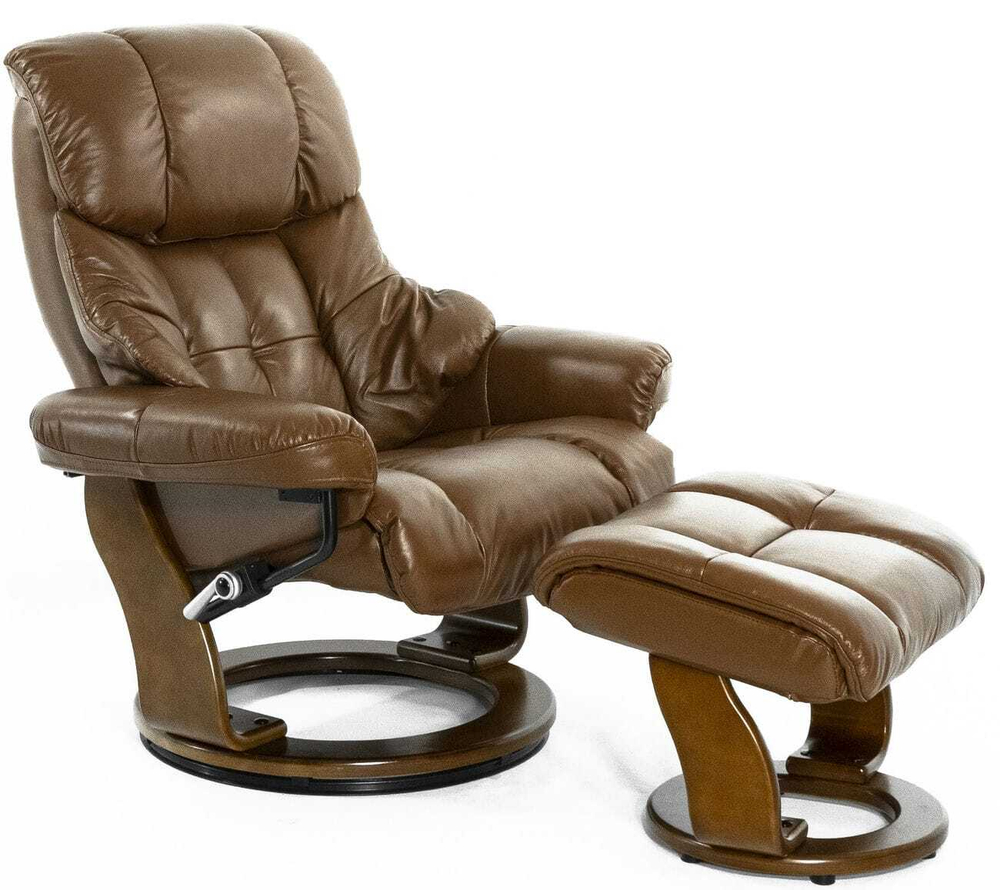 Кресло реклайнер с пуфом для ног Relax Lux 7438W, натуральная кожа коричневая (034), основание дерево темный орех (029)