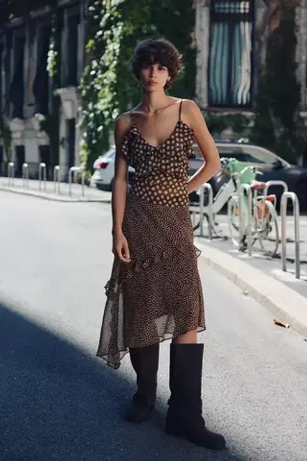 ZARA ЮБКА МИДИ АСИММЕТРИЧНОГО КРОЯ В ГОРОШЕК, ОТТЕНОК КОРИЧНЕВОГО