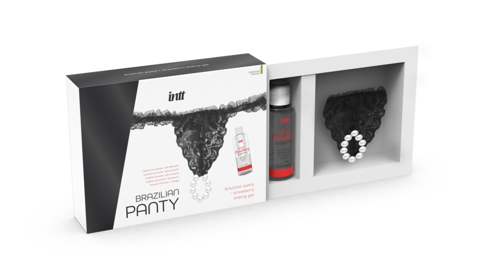 Набор Brazilian Panty: черные трусики со стимулирующими бусинами и массажный гель Sliding Gel Strawberry