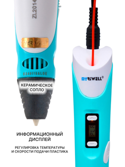 3D ручка Myriwell RP100B (цвет: голубой), набор пластика PLA 120 метров (10 цветов по 10 метров + 2 мотка светящегося пластика) и набор трафаретов для 3Д ручек