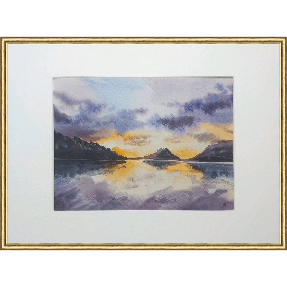 Картина акварельная авторская в паспарту 21х30 см на стену для интерьера "Закат над"