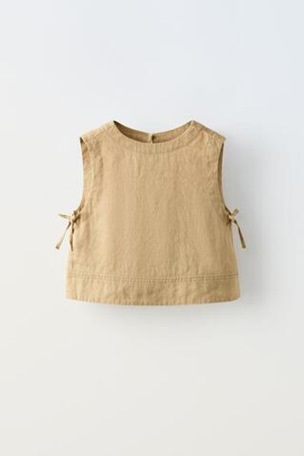 ZARA ЛЬНЯНОЙ ТОП С ЗАВЯЗКАМИ, РЫЖЕВАТО-КОРИЧНЕВЫЙ